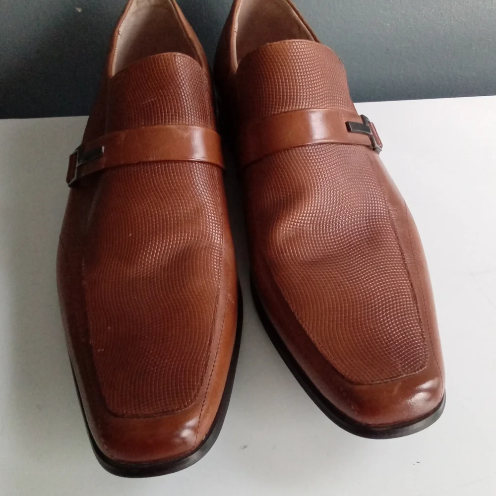 Stacy Adams Mens Cognac Brown Textured Square Toe Slip On‎ Loafers Dress Shoes